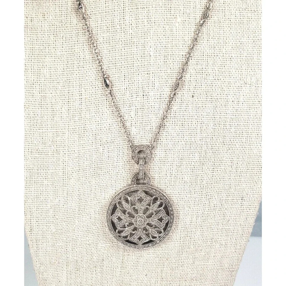 Vintage 925 Sterling Silver w Diamond Circle Cross Hearts Pendant Chain Necklace - Picture 6 of 16